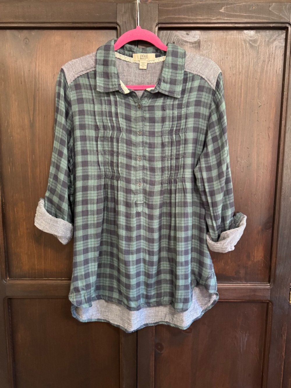 Vintage America Plaid Button-Up Tunic Top Green & Blue Cottagecore Size Large